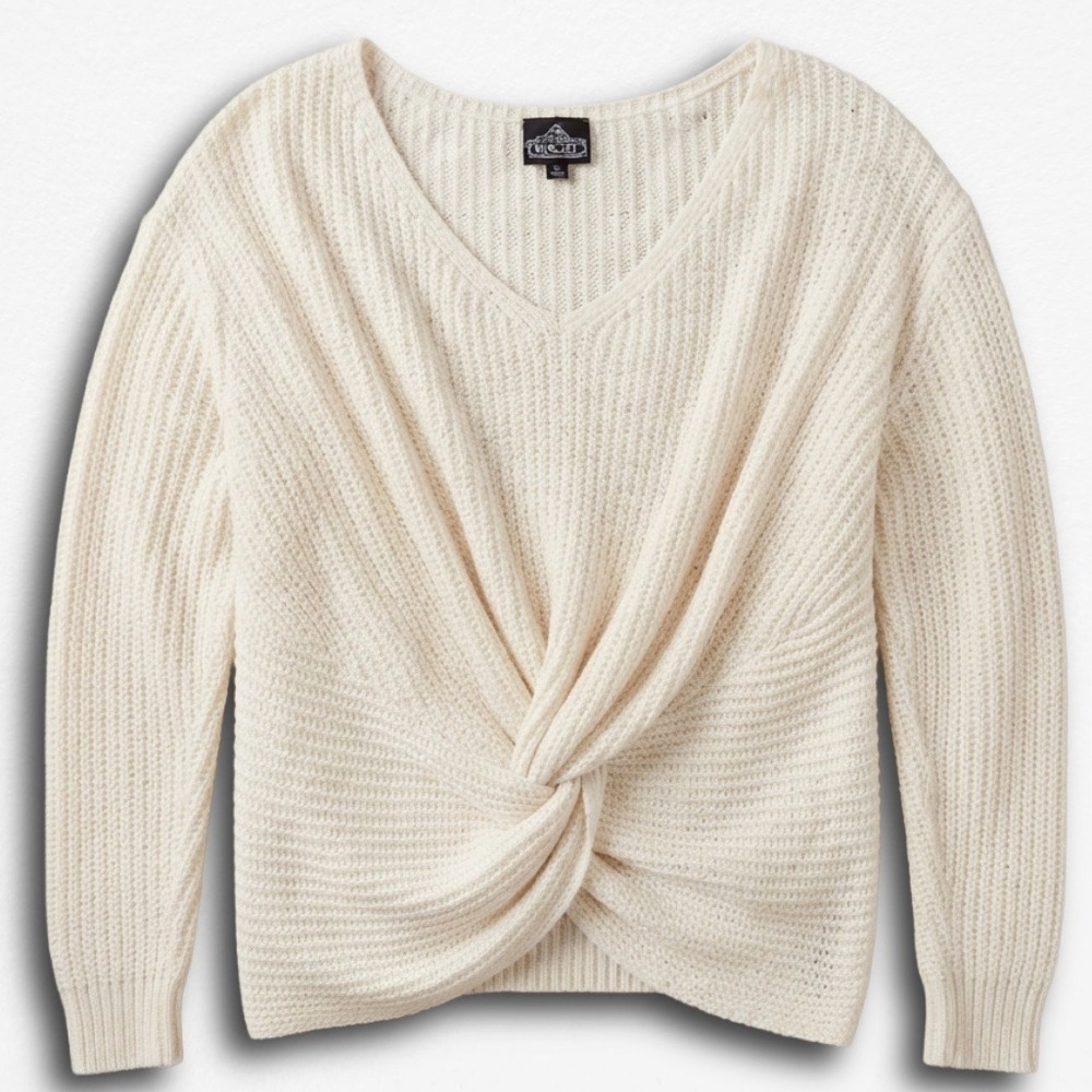 Angie Womens Cream Twist Front V-Neck Knit Sweater Long Sleeve Medium